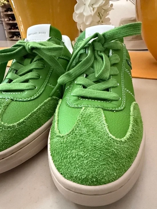Michael Kors Bright Green Leather & Suede Lace-Up Sneakers - Picture 2 of 7